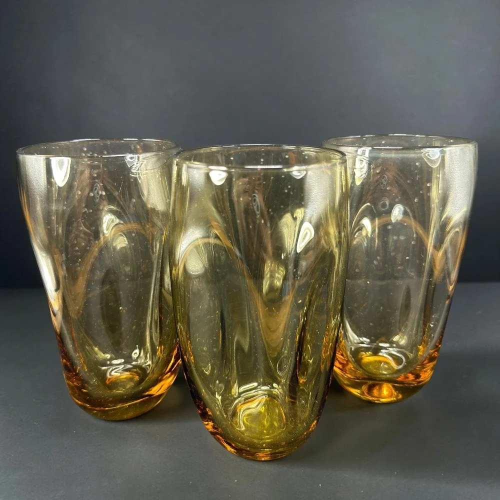 Russel Wright Pinch Amber Glass Tumblers 16oz Mid Century Modern Set of 3 6inch